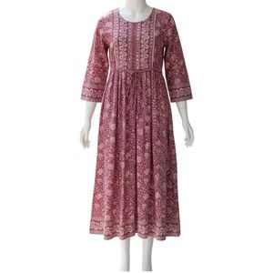 VTG AF Floral Block Print Mirror Work Maxi Dress Magenta Pink White Size 38